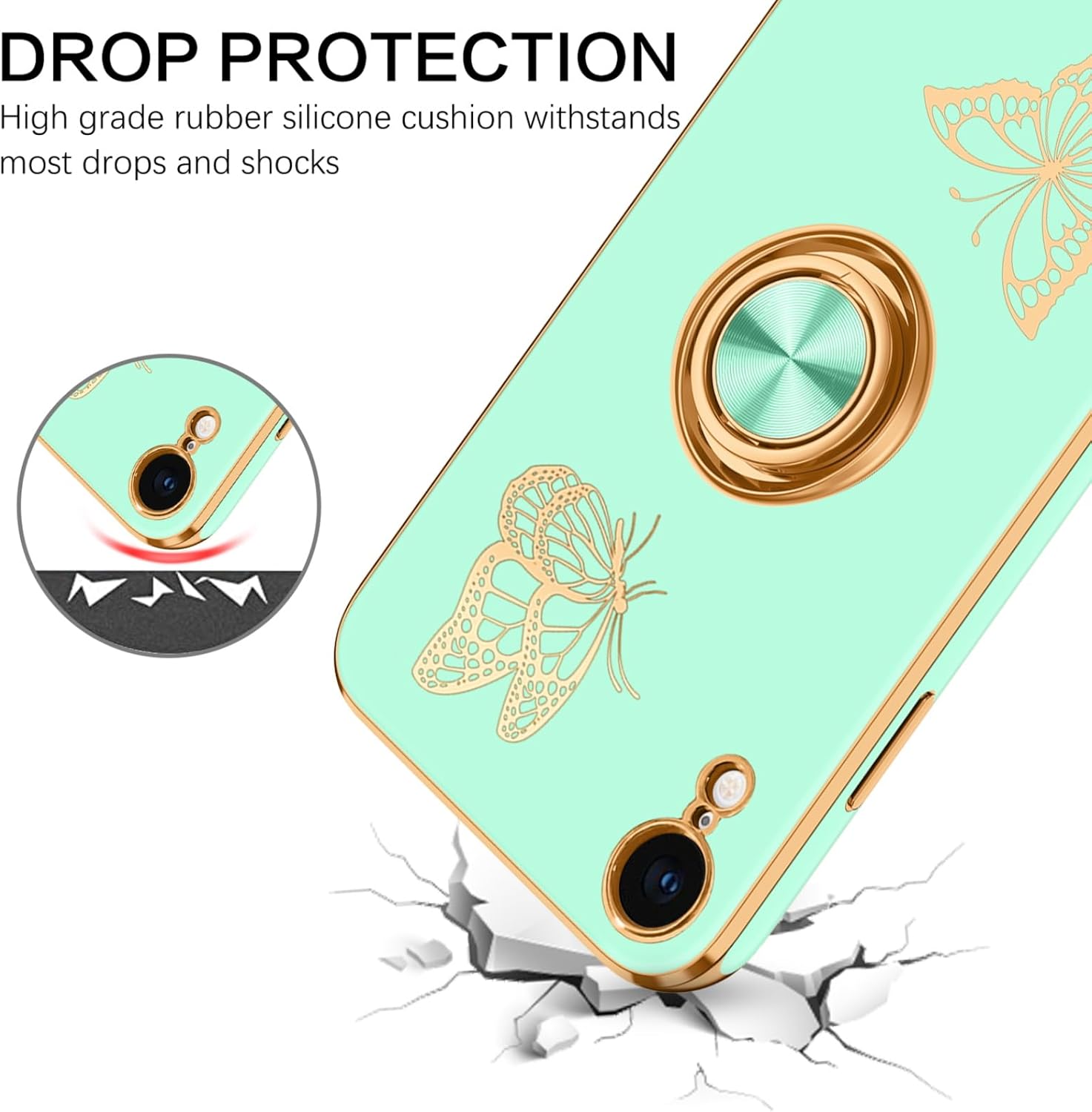 BENTOBEN Funda para iPhone XR, funda para teléfono iPhone XR 6.1, ajuste delgado, diseño de mariposa dorada, soporte de anillo de soporte de anillo