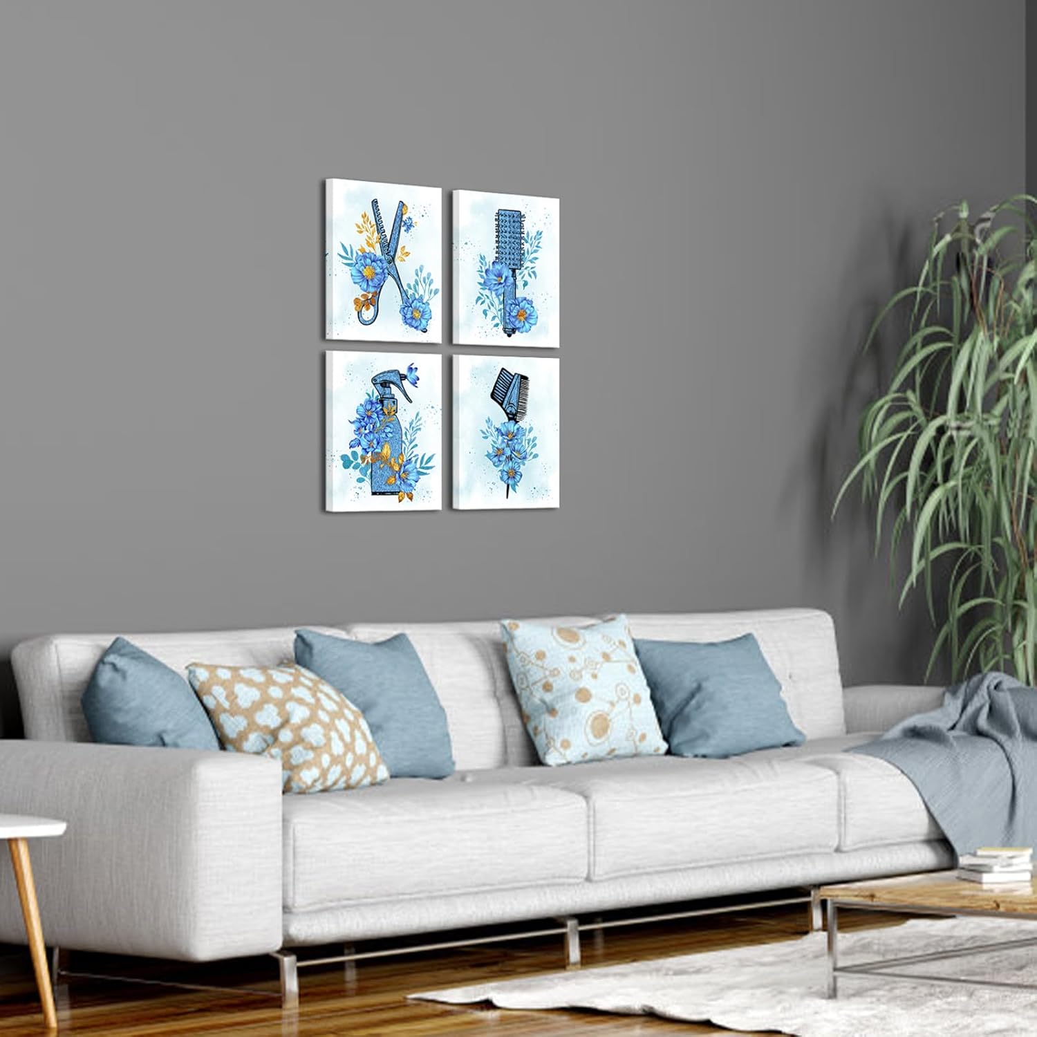 sechars Peluquería decoración de pared herramientas de peluquería pintura pintura lienzo impresiones azul moda arte de pared para sala de maquillaje
