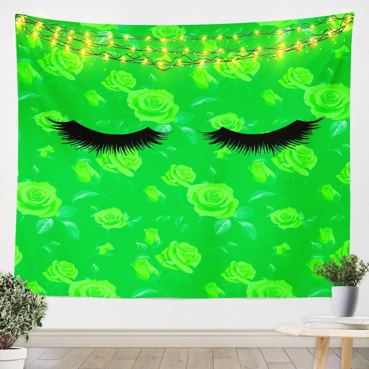 Long Eyelash Kids Tapestry,Girlish Makeup Fashion Glamorous Wall Tapestries,Girls Boys Adults Bedroom Decor,Rose Flowers Romantic Wall Hanging,Green