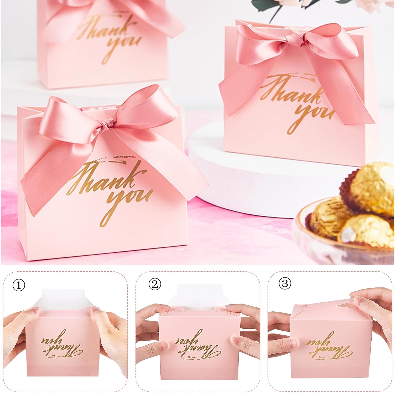 Jutieuo Paquete de 25 pequeñas bolsas de regalo rosas con cinta de lazo, mini bolsas de regalo de papel para fiesta de cumpleaños, boda, baby shower