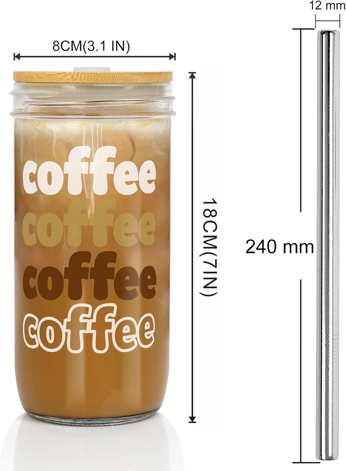 ANOTION Taza de café helado, tarro Mason con tapa y pajilla, vaso de boca ancha de 24 onzas, vasos reutilizables para beber batidos y agua, botellas