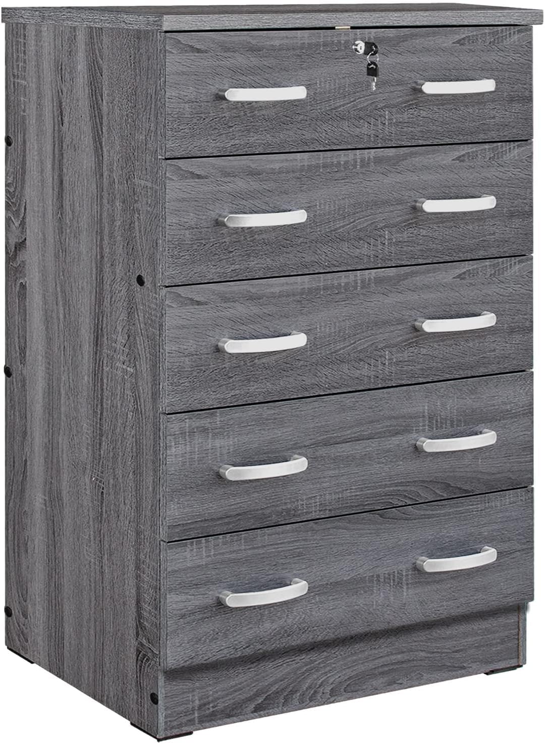 Better Home Products Cindy – Cómoda de madera con 5 cajones con cerradura en color gris