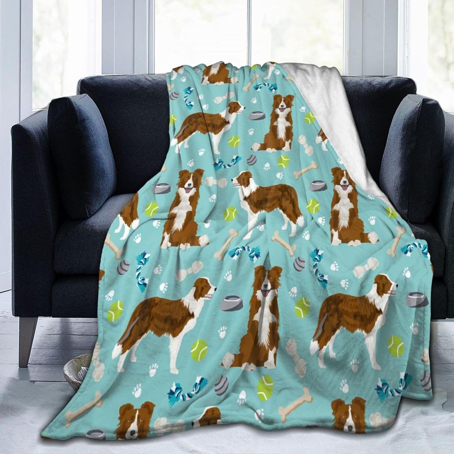 Xoeiran Manta de franela de felpa de vellón, lindo perro y juguetes de Border Collie y juguetes ligeros y reclinables, ropa de cama con aire