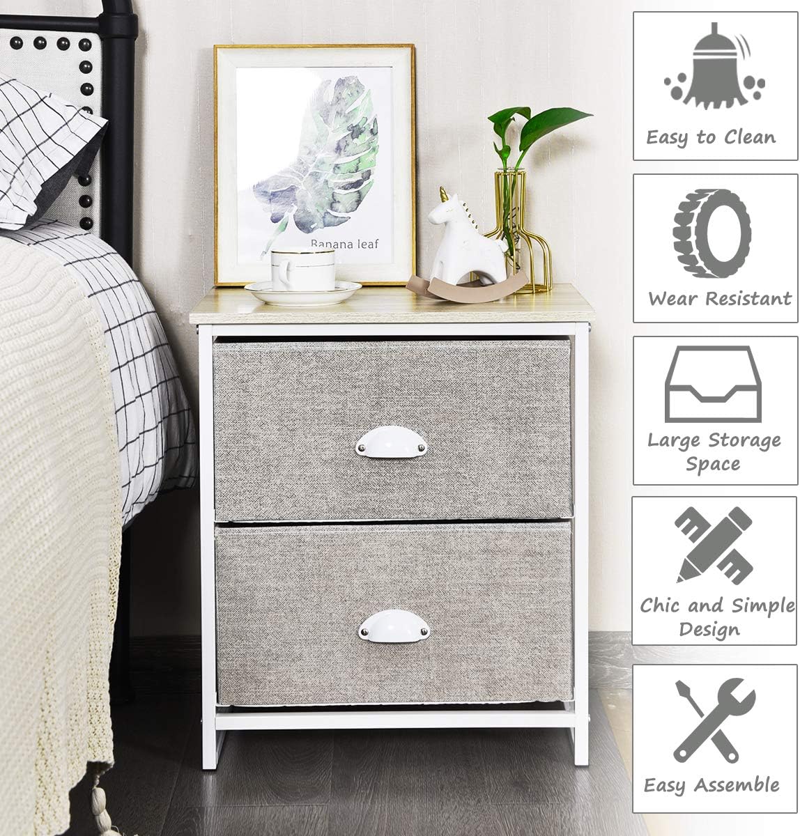Giantex Mesita de noche con cajones de tela, marco de acero resistente y unidad organizadora superior de madera para dormitorio, sala de estar,
