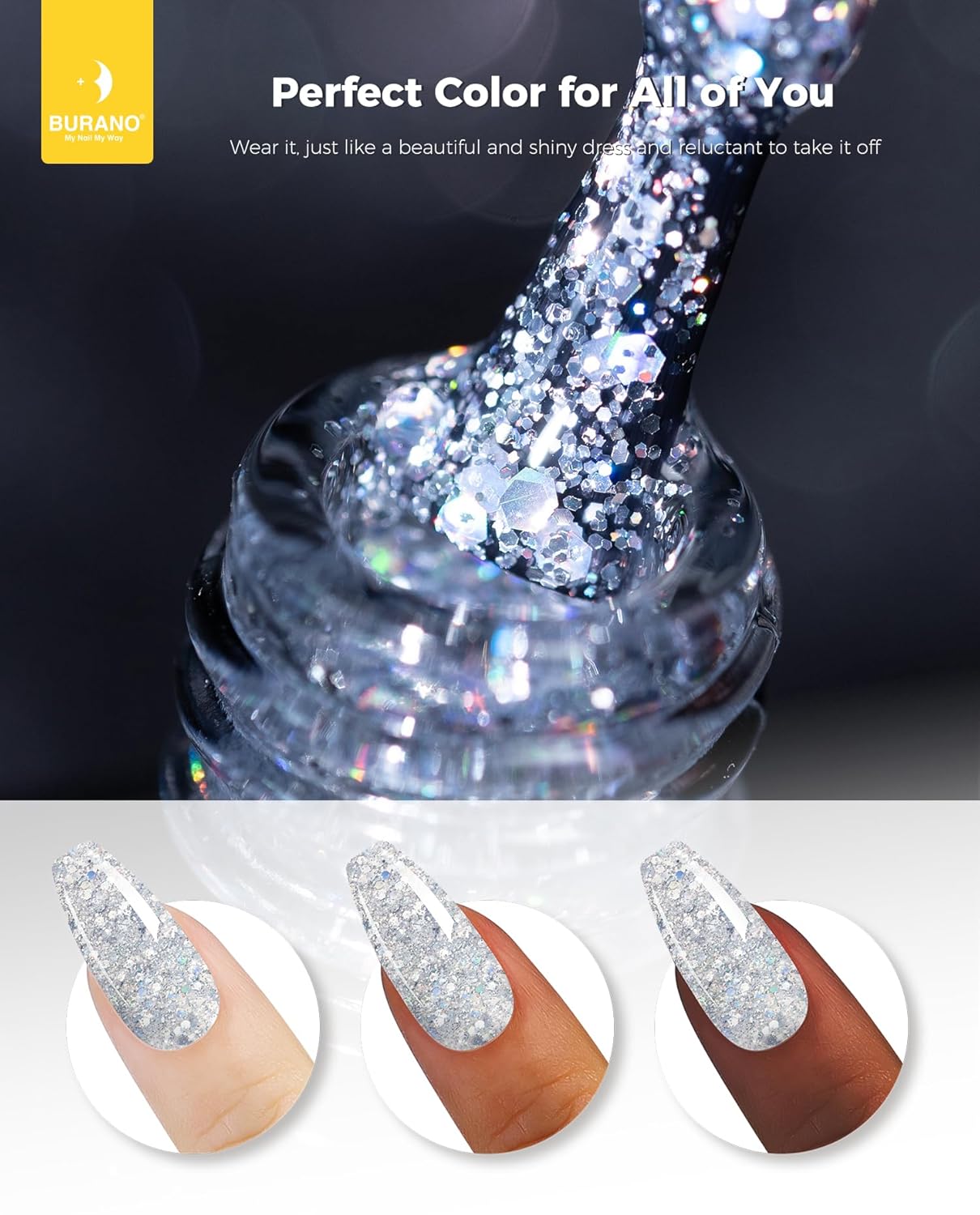 BURANO Esmalte de uñas de gel con purpurina, gel de uñas LED UV efecto holográfico brillante, requiere secado de gel, no se astilla, gel brillante,