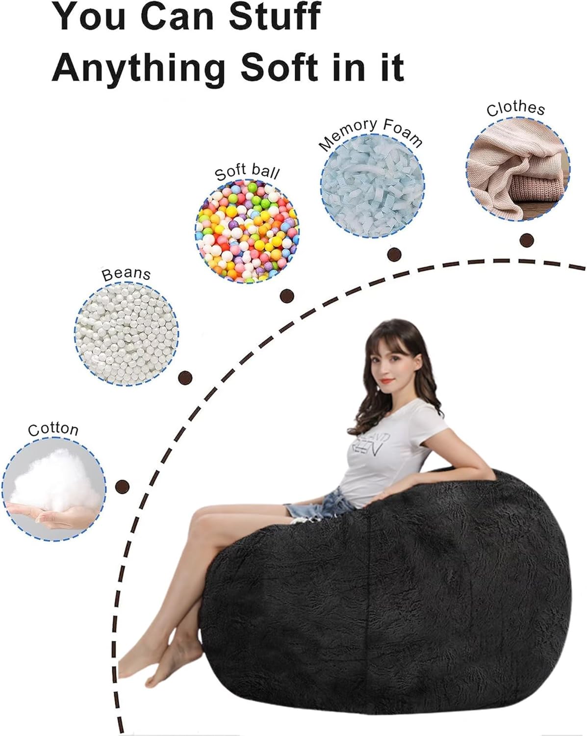 Puf para adultos y niños sin relleno, cómodo, redondo, de gran tamaño, para almacenamiento de animales de peluche, dormitorio, sillas de sala de