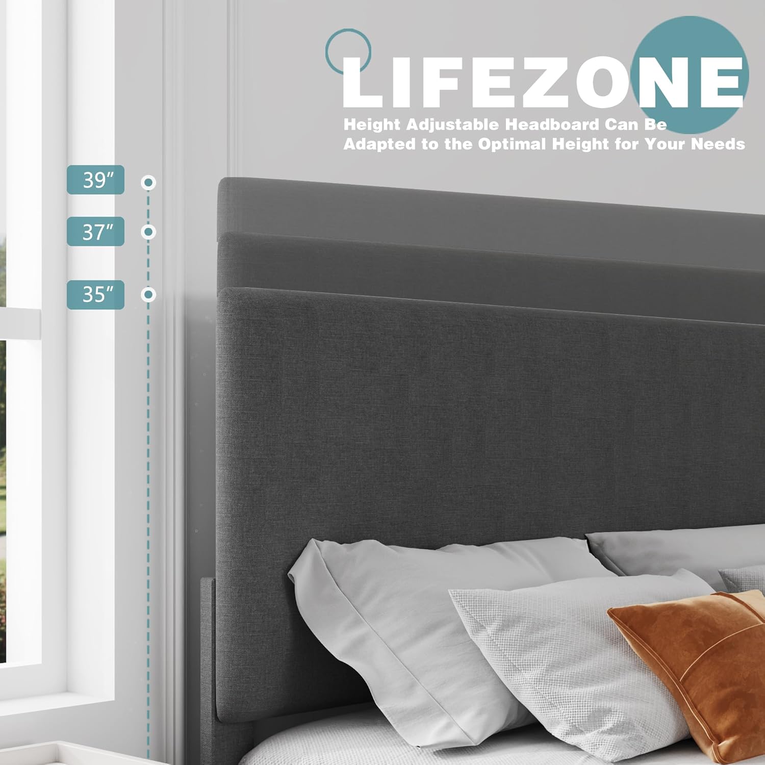 Lifezone Base de cama Queen con cabecero, marco de cama tapizado de lino con soporte de listones de madera, no necesita somier, pies resistentes,
