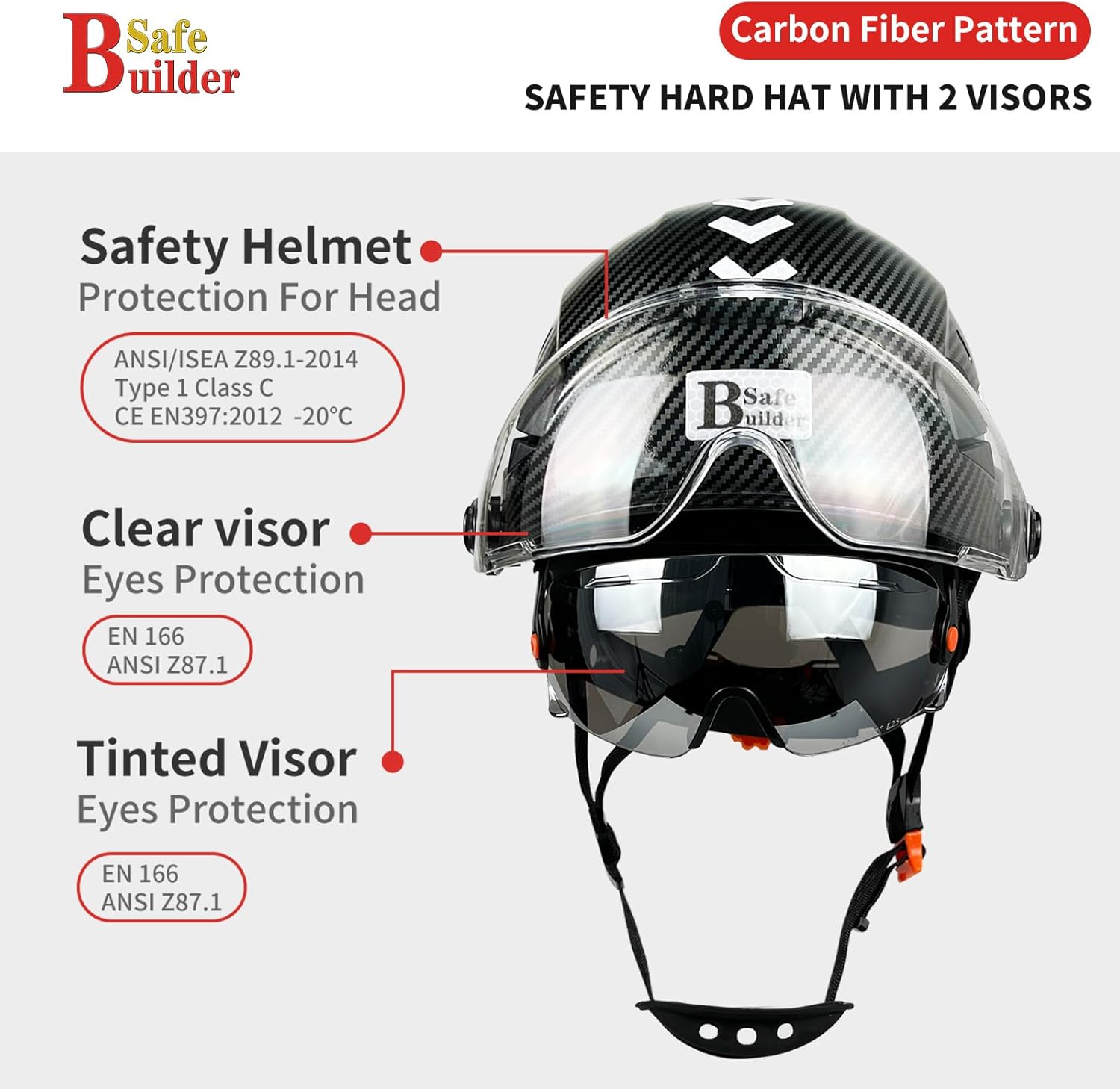 CR06X+2V Casco de seguridad de construcción con visera incorporada, casco duro ABS con visera, patrón de fibra de carbono ventilado, certificado