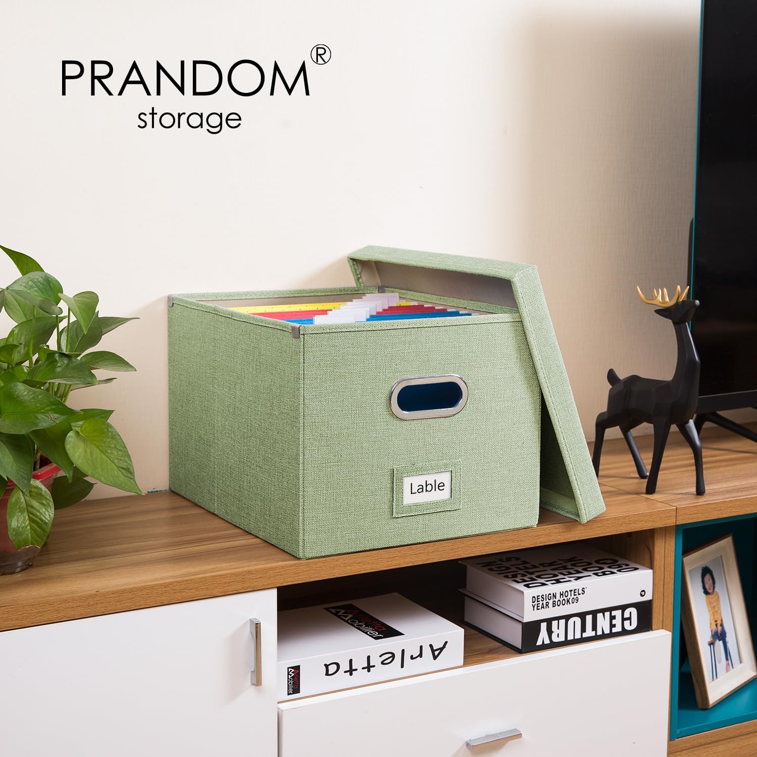 PRANDOM Caja organizadora de archivos, juego de 2 carpetas plegables decorativas de lino para almacenamiento de archivos colgantes con tapas,
