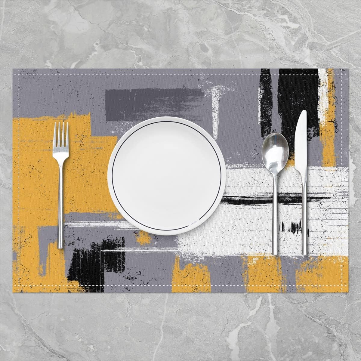 Manteles individuales abstractos de 12 x 18 pulgadas, juego de 4 manteles individuales modernos de arte abstracto, amarillo, gris y blanco, para