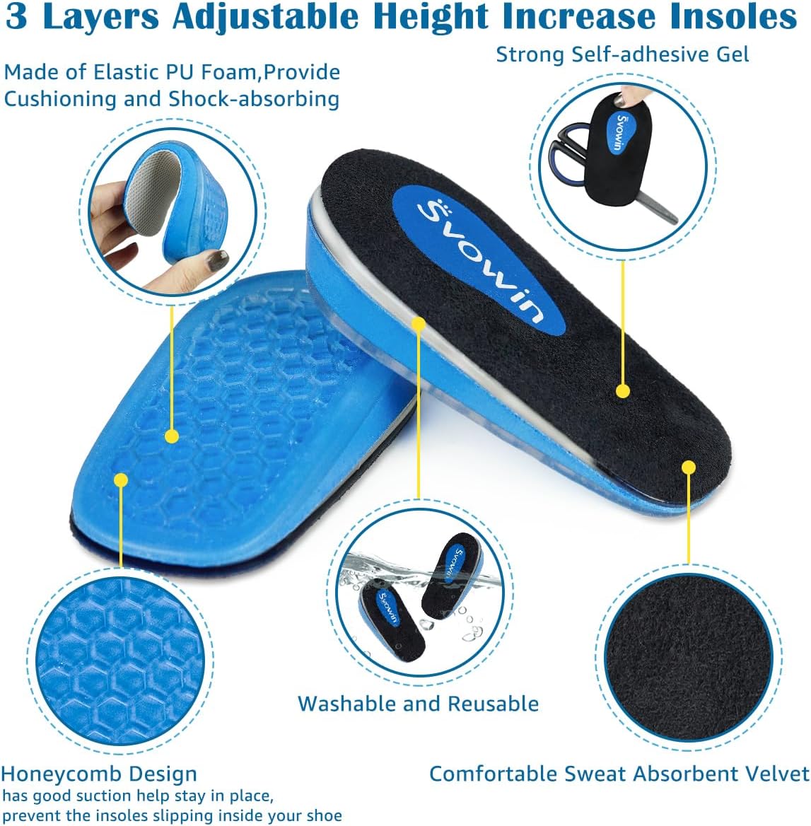 Plantillas de aumento de altura ajustable de 3 capas, insertos de elevación de talón para discrepancias de longitud de pierna y tendinitis de
