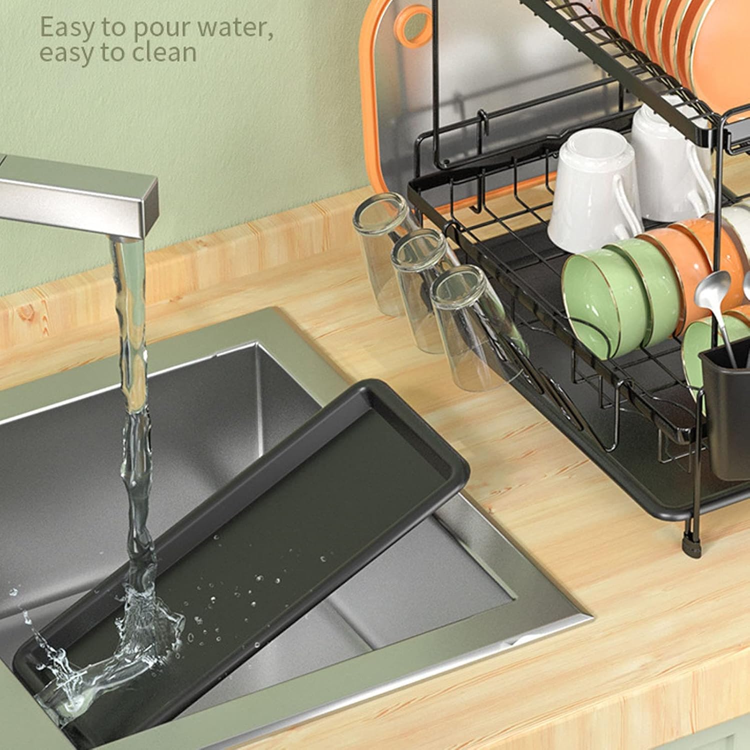 Escurridor de platos de 2 niveles con escurridor, acero al carbono a prueba de óxido, desmontable para organización de encimera de cocina y espacio