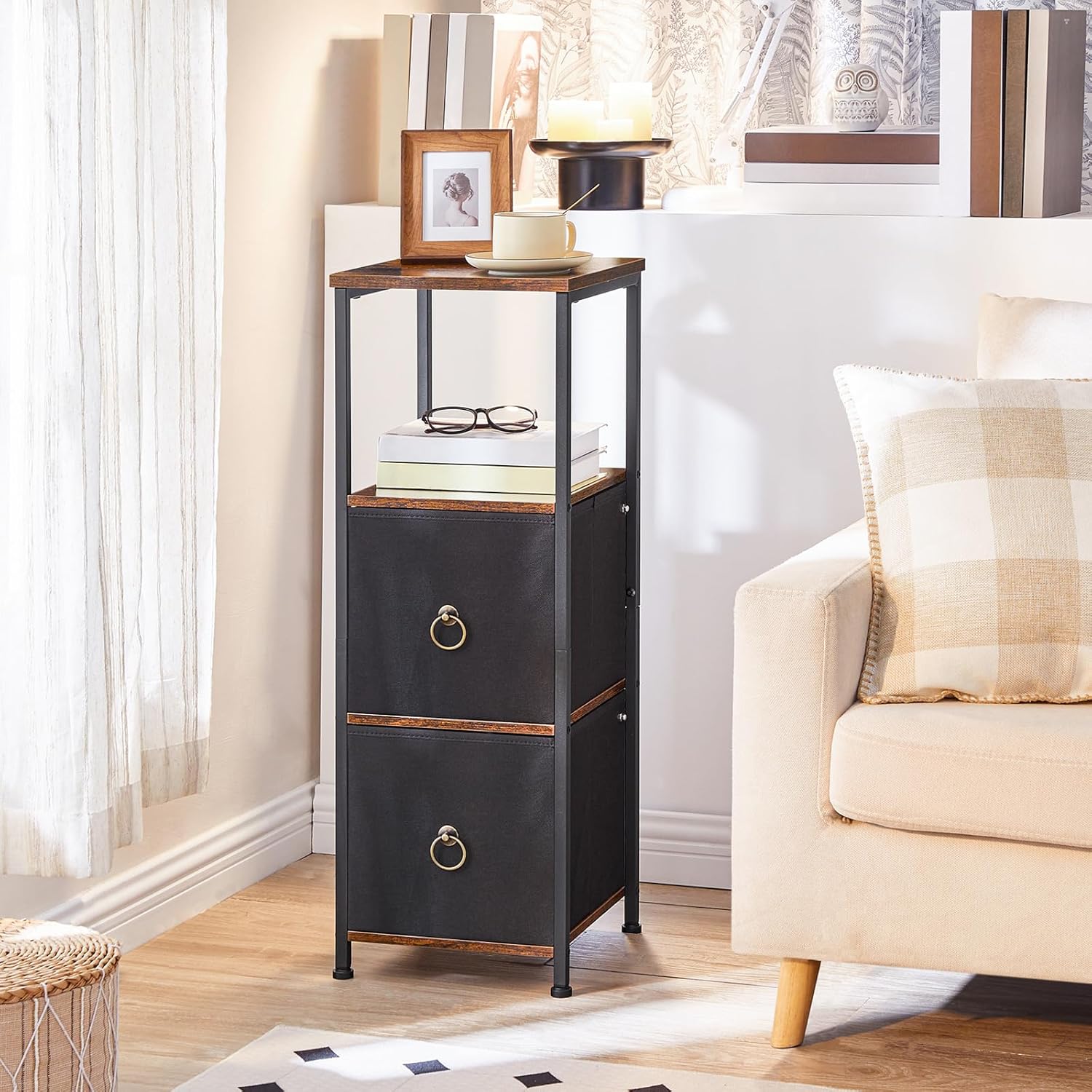 HOOBRO Gabinete esquinero, estante esquinero de 4 niveles con 2 cajones, gabinete de piso de baño, gabinete de almacenamiento estrecho, para baño,