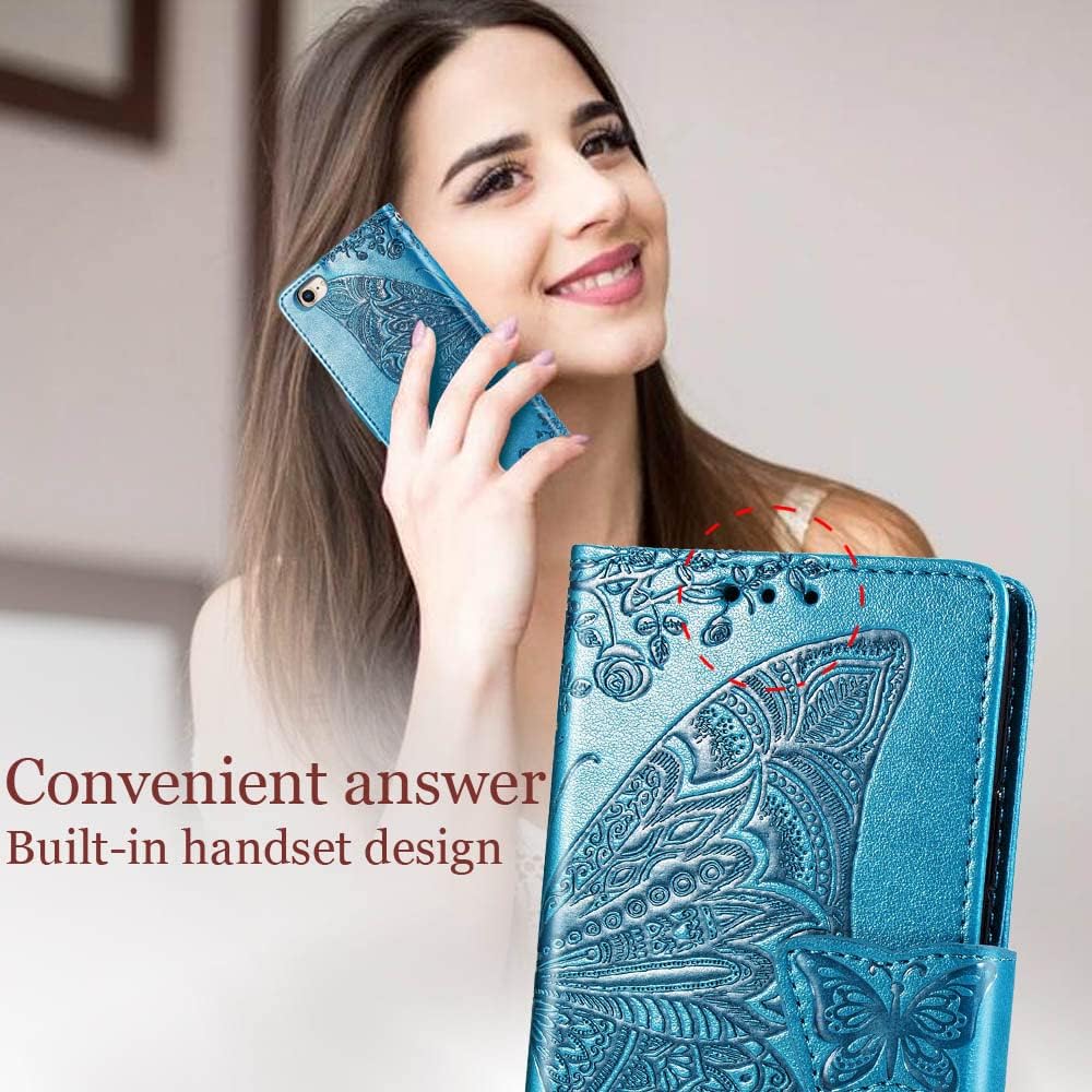 Funda tipo cartera para iPhone SE 2020SE 2022iPhone 8iPhone 7, diseño de mariposa en relieve, de piel sintética, soporte para tarjetas, correa de