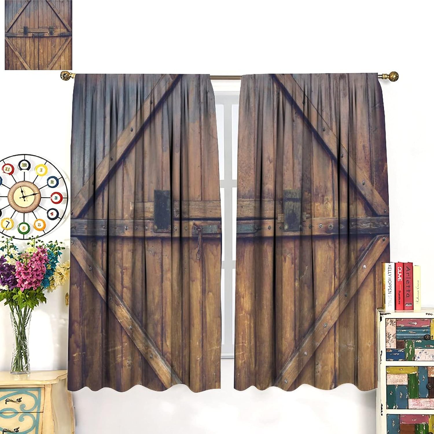 GY Cortinas opacas para dormitorio, puerta de granero de madera, oscurecimiento de habitación, aislamiento térmico, cortinas de tratamiento de