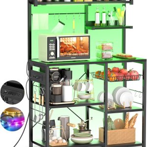 Aheaplus Estante para panaderos con toma de corriente y cuerdas de luz LED, soporte para horno de microondas, estante de almacenamiento de cocina Aheaplus Estante para panaderos con toma de corriente y cuerdas de luz LED, soporte para horno de microondas, estante de almacenamiento de cocina