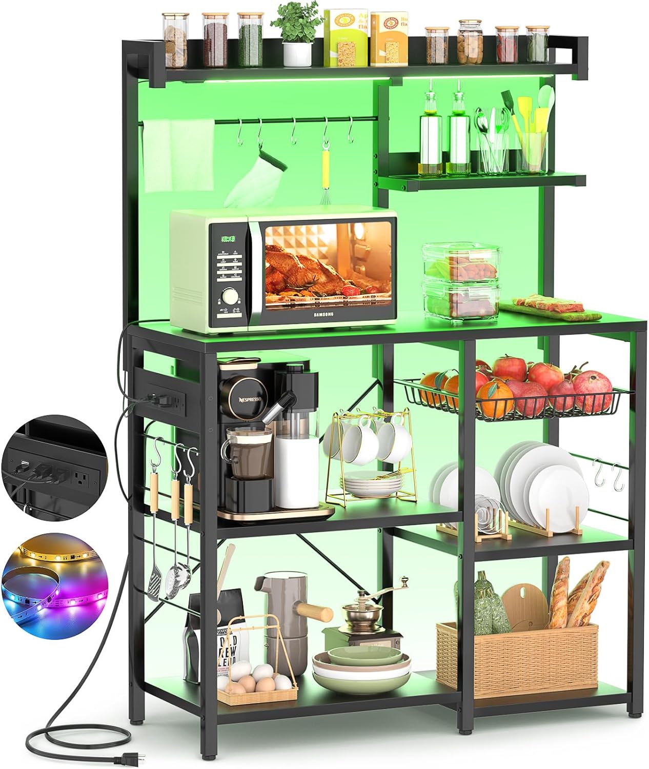 Aheaplus Estante para panaderos con toma de corriente y cuerdas de luz LED, soporte para horno de microondas, estante de almacenamiento de cocina
