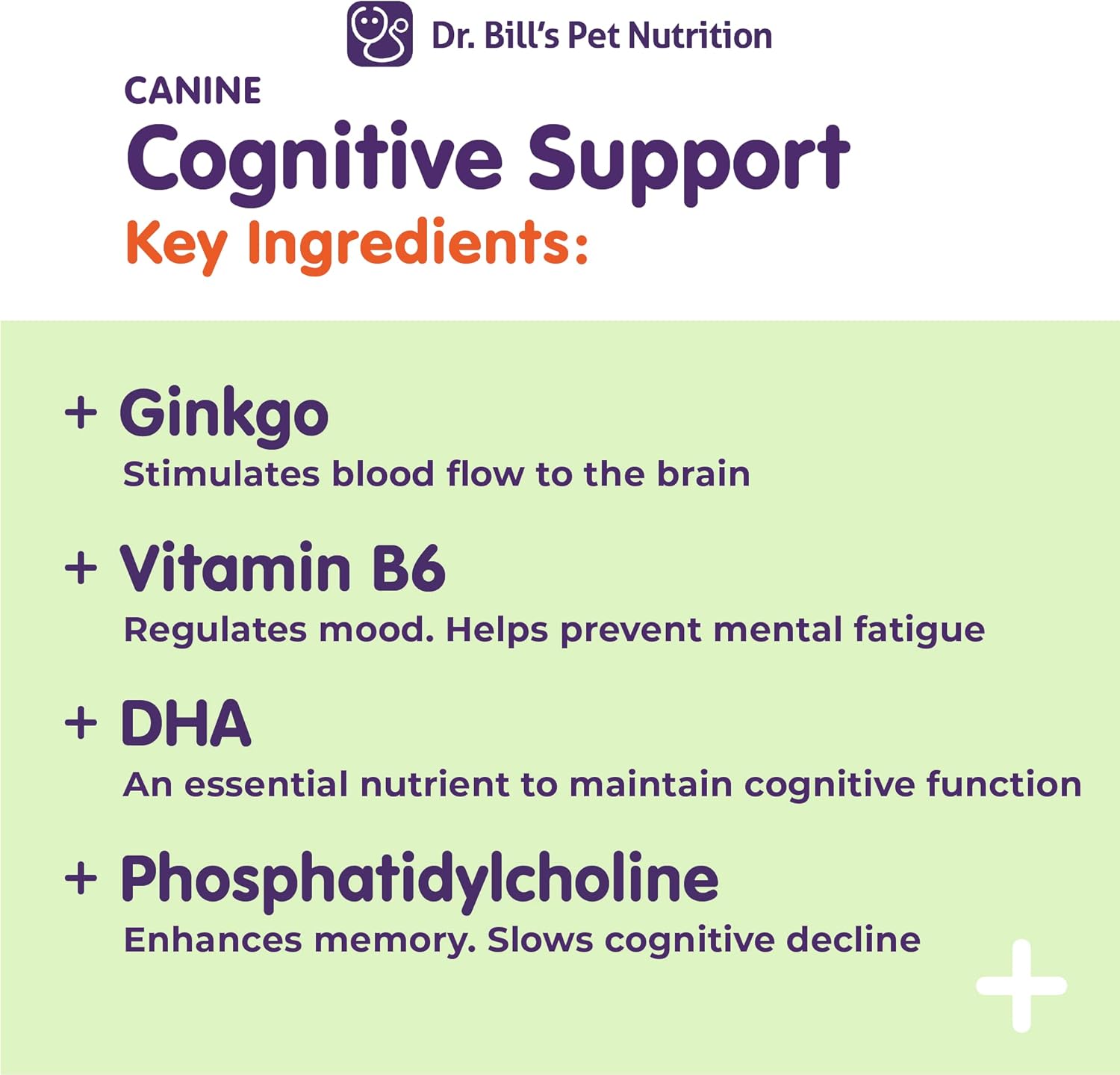 Dr. Bill’s Apoyo cognitivo canino  Suplemento de apoyo de memoria multivitamínico para perros  Contiene Gingko Biloba, L-Carnosina, Vitamina B-12,