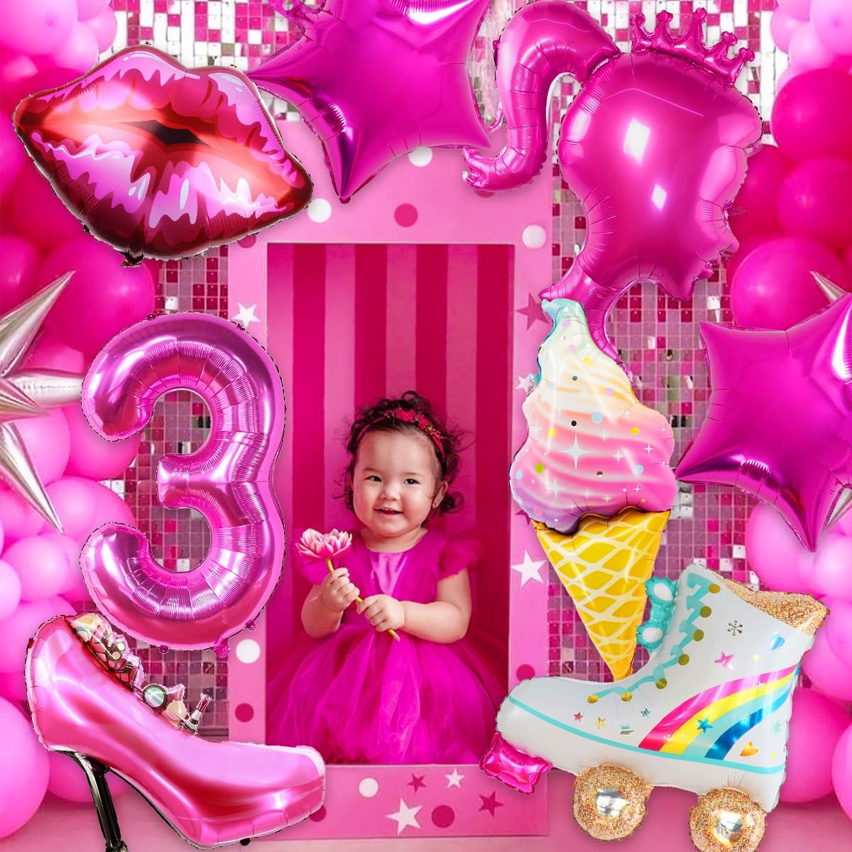 9 piezas de globos de color rosa intenso, decoraciones de cumpleaños para niñas y niñas, fiesta temática de princesa rosa, fiesta temática de baby