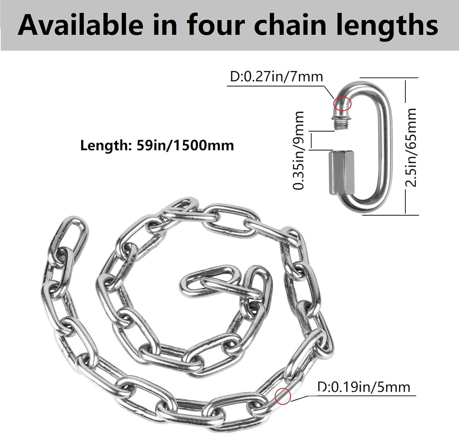 WWFFEN 2 cadenas de acero inoxidable (59 pulgadas), accesorios de columpio resistentes, 4 hebillas de conexión rápida, columpios de patio de juegos