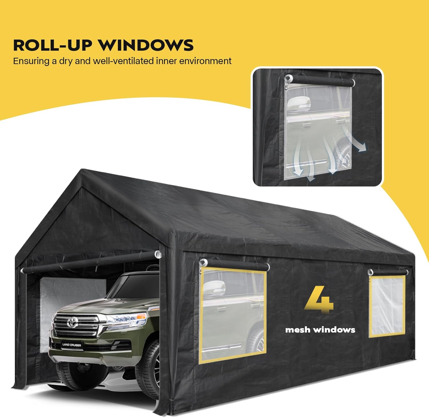 VIVOHOME Cochera de 10 x 20 pies, garaje portátil resistente con 4 ventanas ventiladas enrollables, puerta con cremallera y paredes laterales