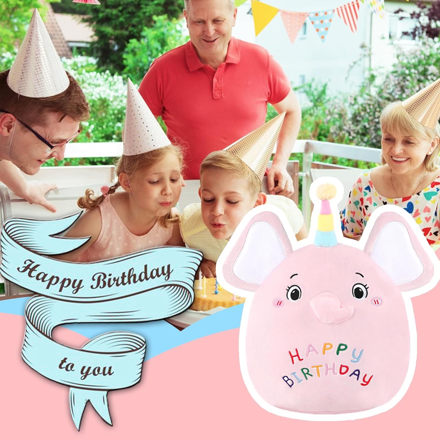 Almohada de felpa de elefante de cumpleaños de 14 pulgadas, almohada suave de cumpleaños de elefante de felpa para niñas y niños, regalo de