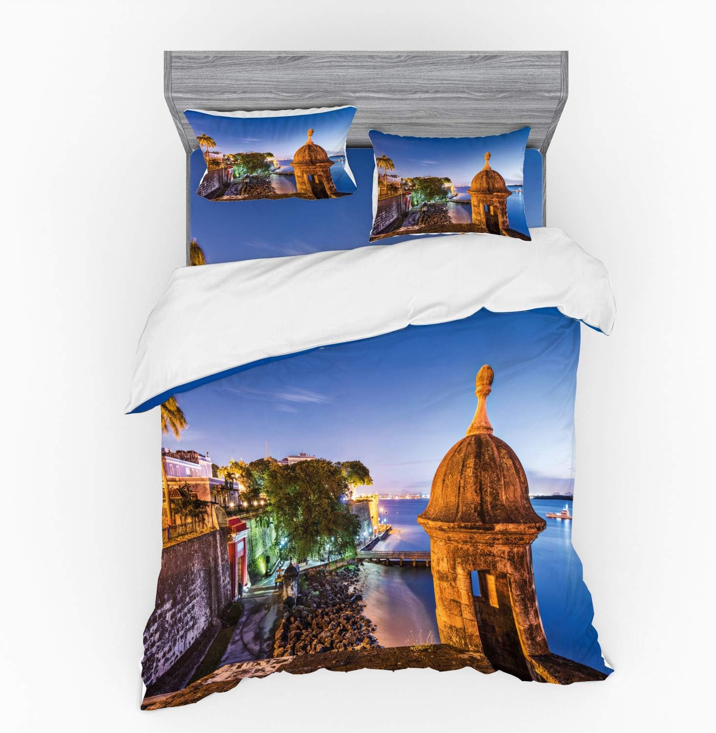 Lunarable Puerto Rico Bedding Set, Coast at Paseo de la Princesa Retro Style Architectural Elements Photography, 4 Piece Duvet Cover Set with Shams