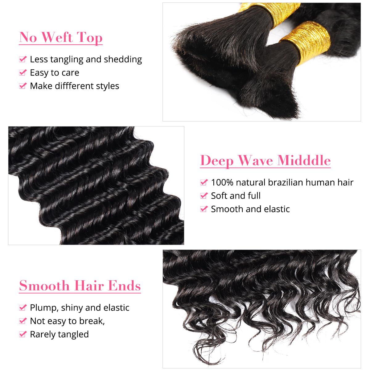 PEEKABOO Extensiones de cabello humano de onda profunda para micro trenzado, a granel, 100% cabello trenzado brasileño sin procesar, un paquete (1