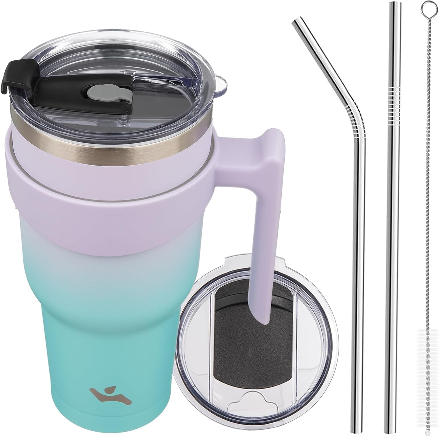 Vaso de 40 onzas con asa y 2 pajillas, 2 tapas, botella de agua aislada de acero inoxidable al vacío, taza reutilizable para viaje, Oasis