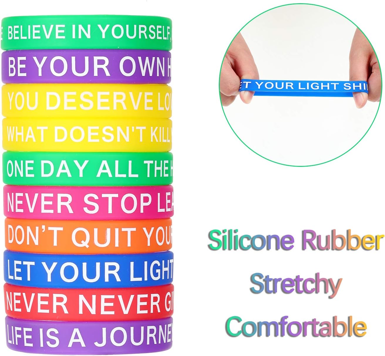 100 pulseras de silicona con cita motivacional, pulseras de goma inspiradoras de colores, pulseras elásticas unisex para mujeres, hombres, niños y