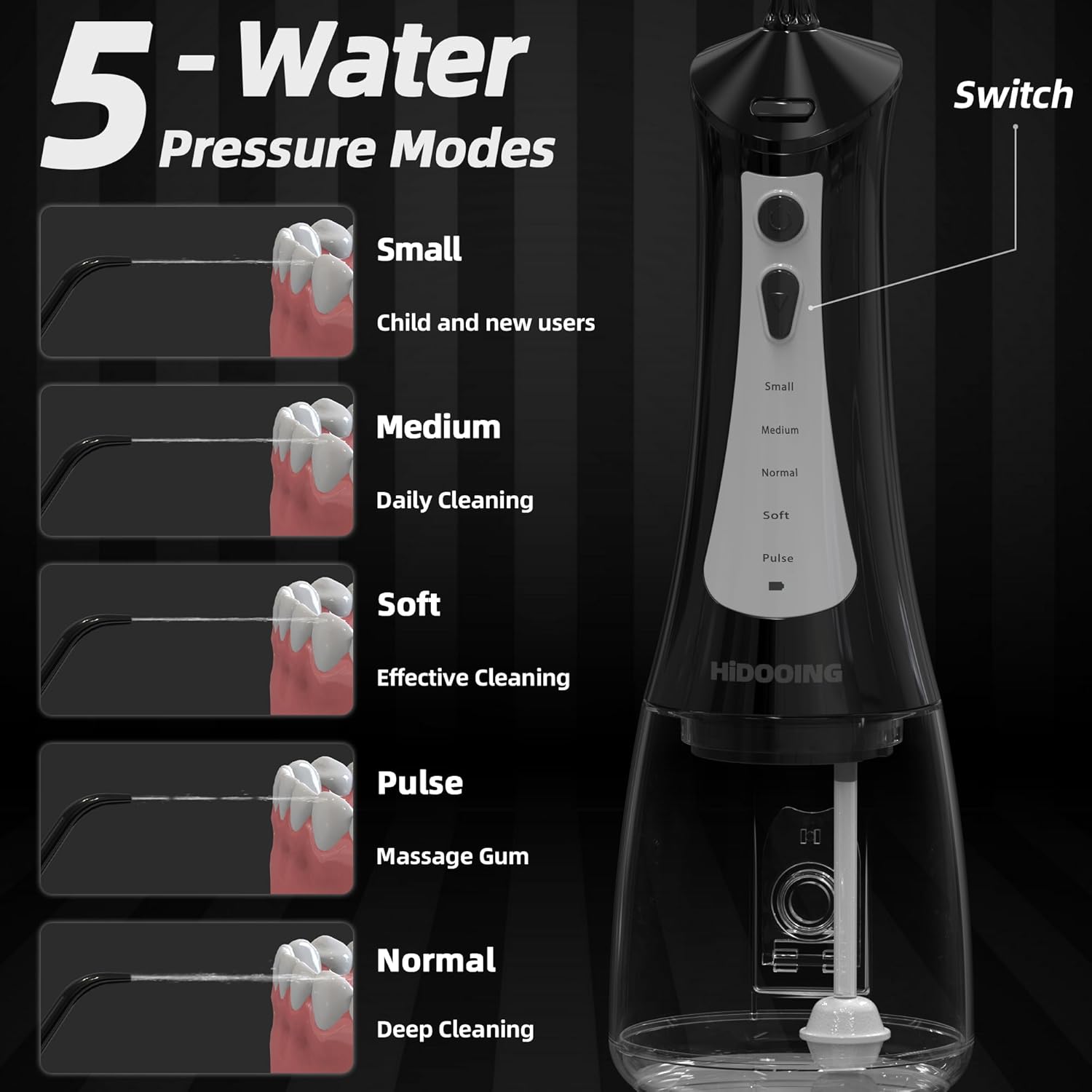 Irrigador dental inalámbrico, portátil, limpiador de dientes inalámbrico, 10.1 fl oz, 5 modos, IPX7 impermeable con 4 puntas de hilo dental,