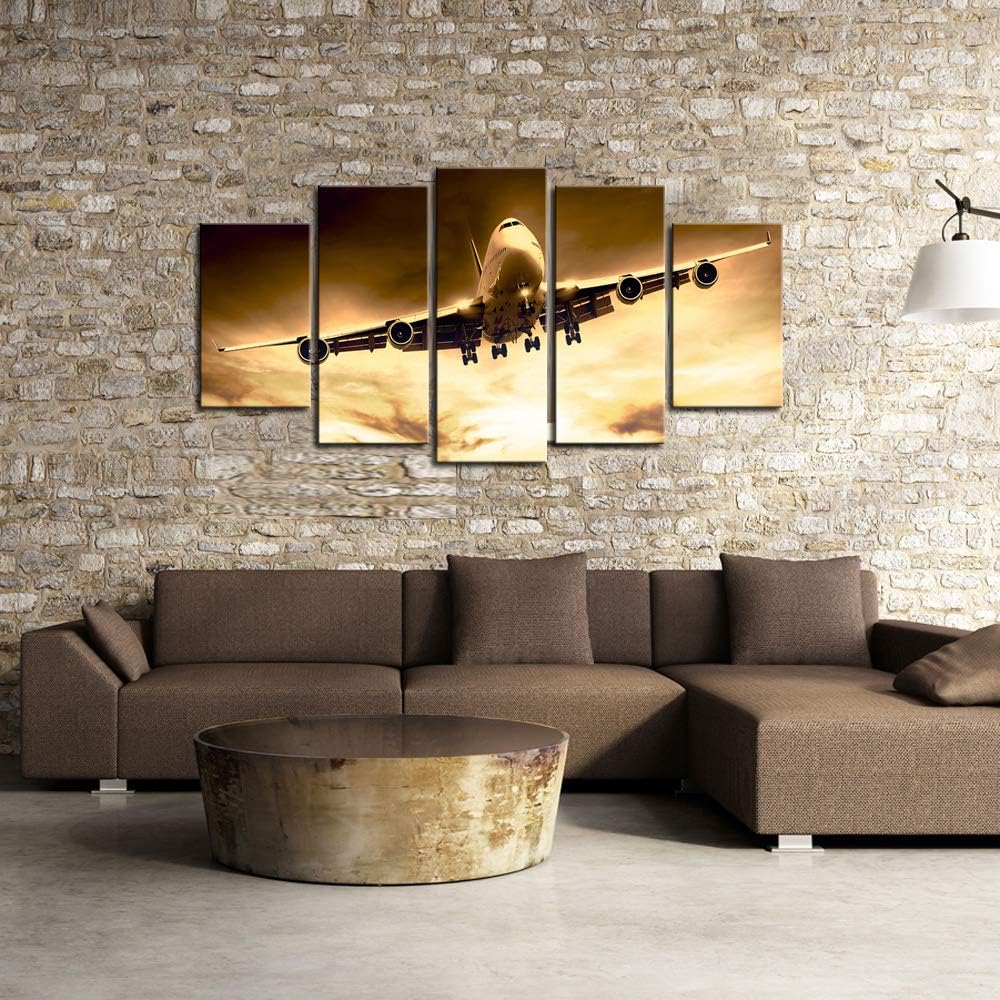 sechars Lienzo grande de 5 piezas, arte para pared, diseño de avión al atardecer, impresión en lienzo para sala de estar, dormitorio, decoración de