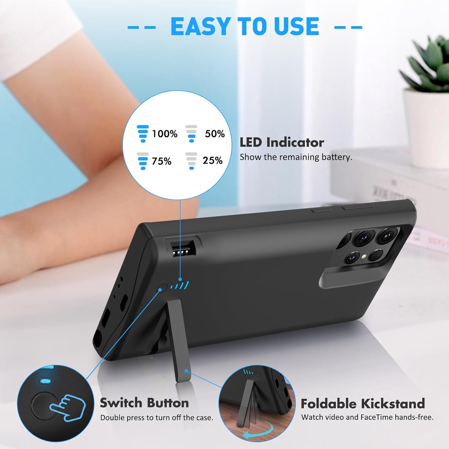 Galaxy S22 Ultra – Funda de batería con función atril y doble dispositivo de carga y 5000 mAh, funda de cargador de respaldo recargable para Samsung