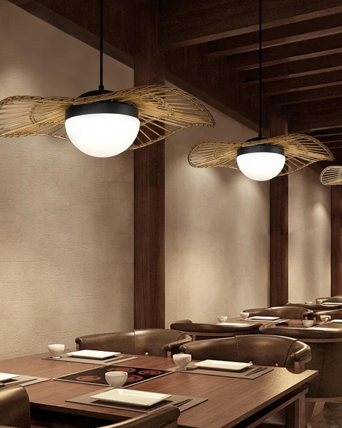 HWH – Lámpara colgante de ratán LED, lámpara colgante de bambú de 20 pulgadas, iluminación costera tejida a mano, sombrero de paja, jaula de paja,