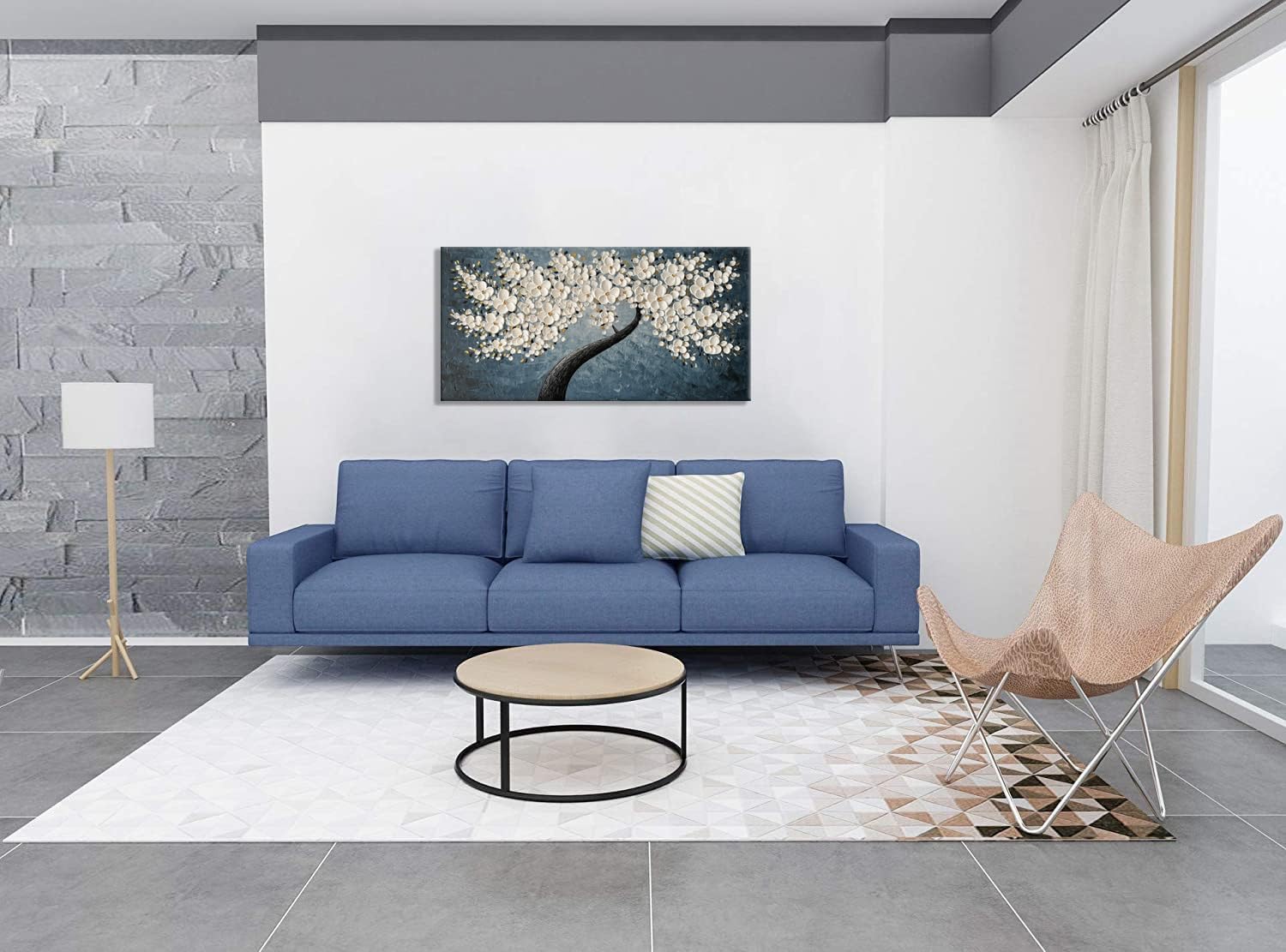 zoinart 3D Floral Oil Paintings on Canvas Wall Art 40×20 Inches Abstract White Flower Modern Canvas Wall Art Contemporary Tree Art Texture Artwork