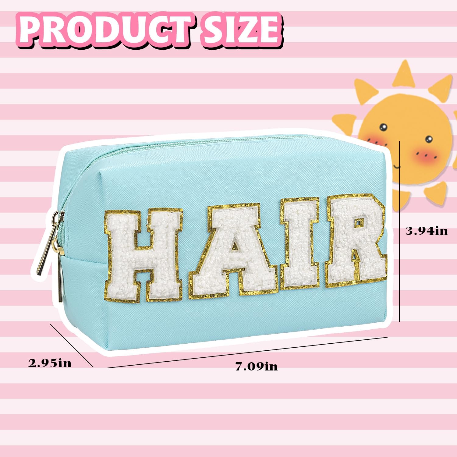 Bolsa de maquillaje de parche de piel sintética, portátil, impermeable, para cosméticos, uso diario, para mujeres y niñas, Pelo azul., Parche Preppy