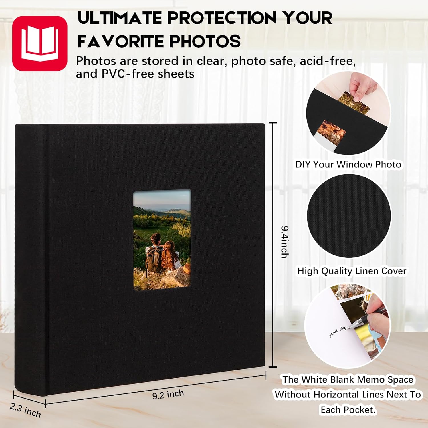 Álbum de fotos de 4 x 6 pulgadas, 240 fotos con espacio de escritura, álbum de fotos de 4 x 6 pulgadas, cubierta de lino con ventana frontal, 240
