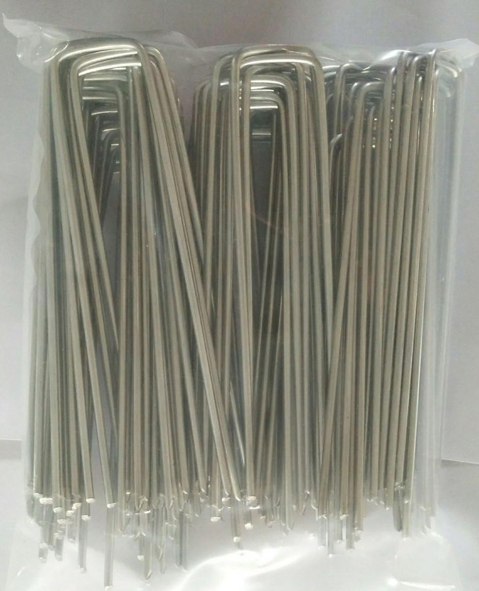 100 estacas de césped galvanizado de 6 pulgadas para jardín, césped y paisaje, grapas de tela resistente calibre 11 de acero antioxidante para