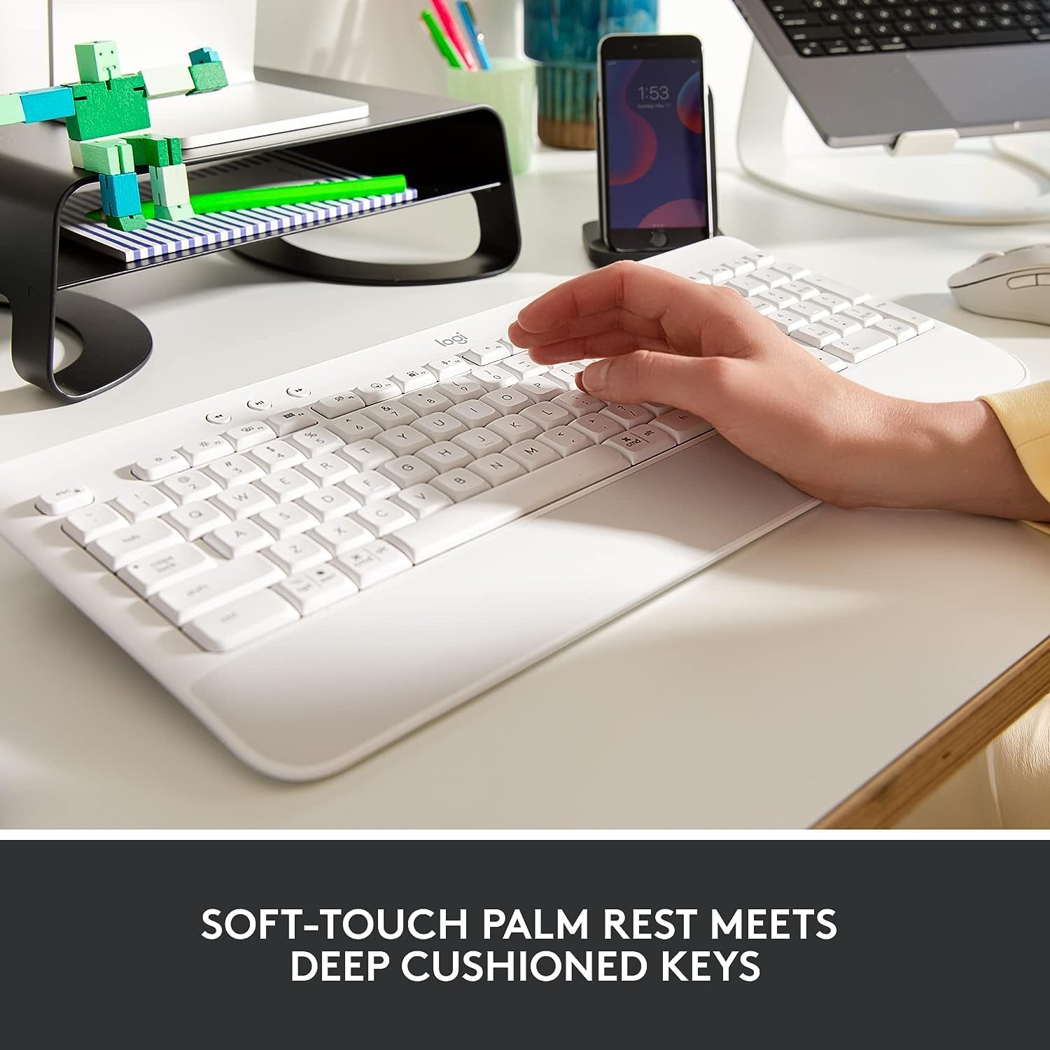 Logitech Signature K650 Comfort – Teclado inalámbrico de tamaño completo con reposamuñecas, Bluetooth BLE o receptor USB Logi Bolt – Blanco