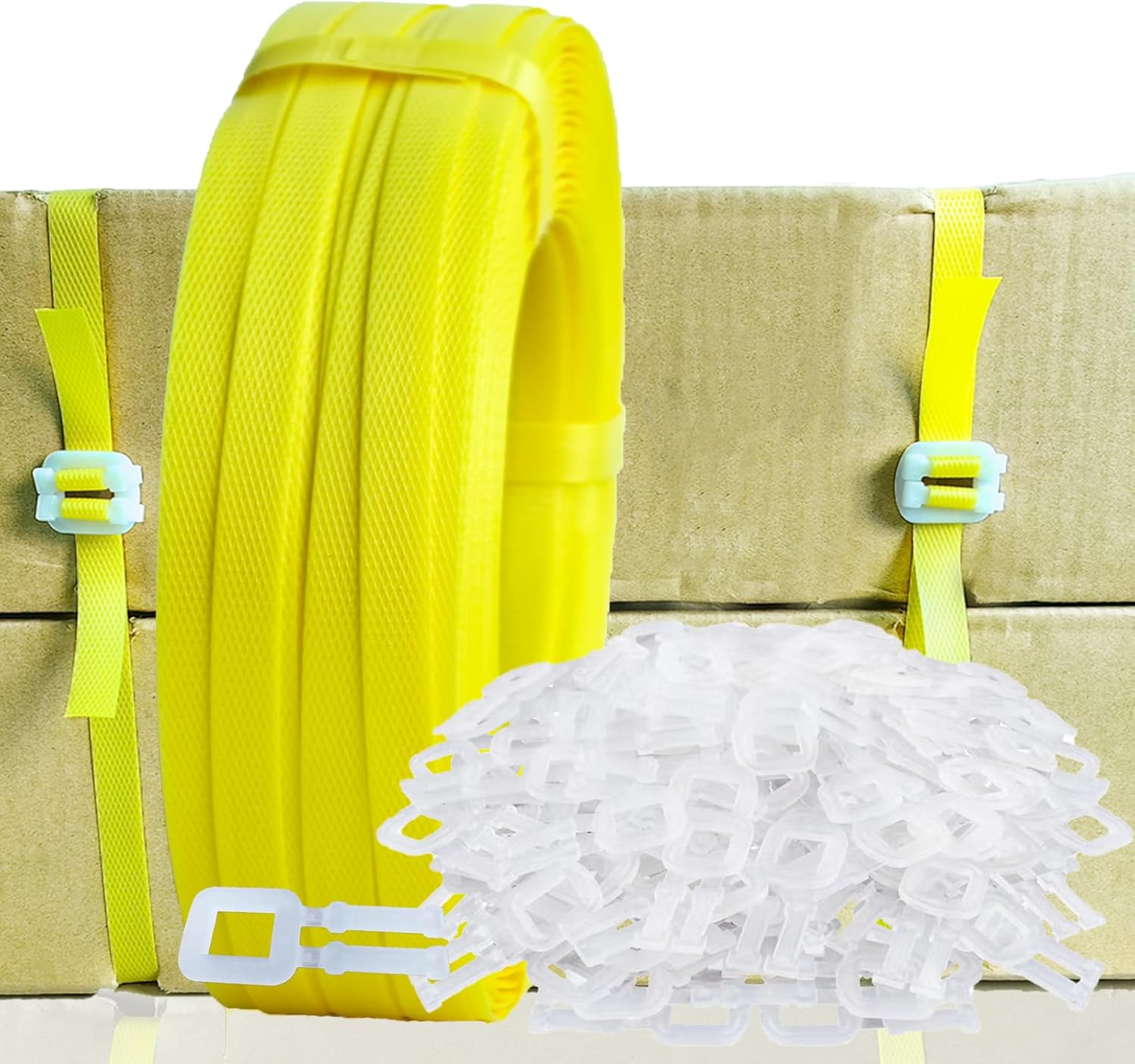 NEWANRAN Kit de flejado de bandas, herramienta de flejado de embalaje, con flejado de polietileno de 5900 pulgadas de longitud, 100 hebillas,