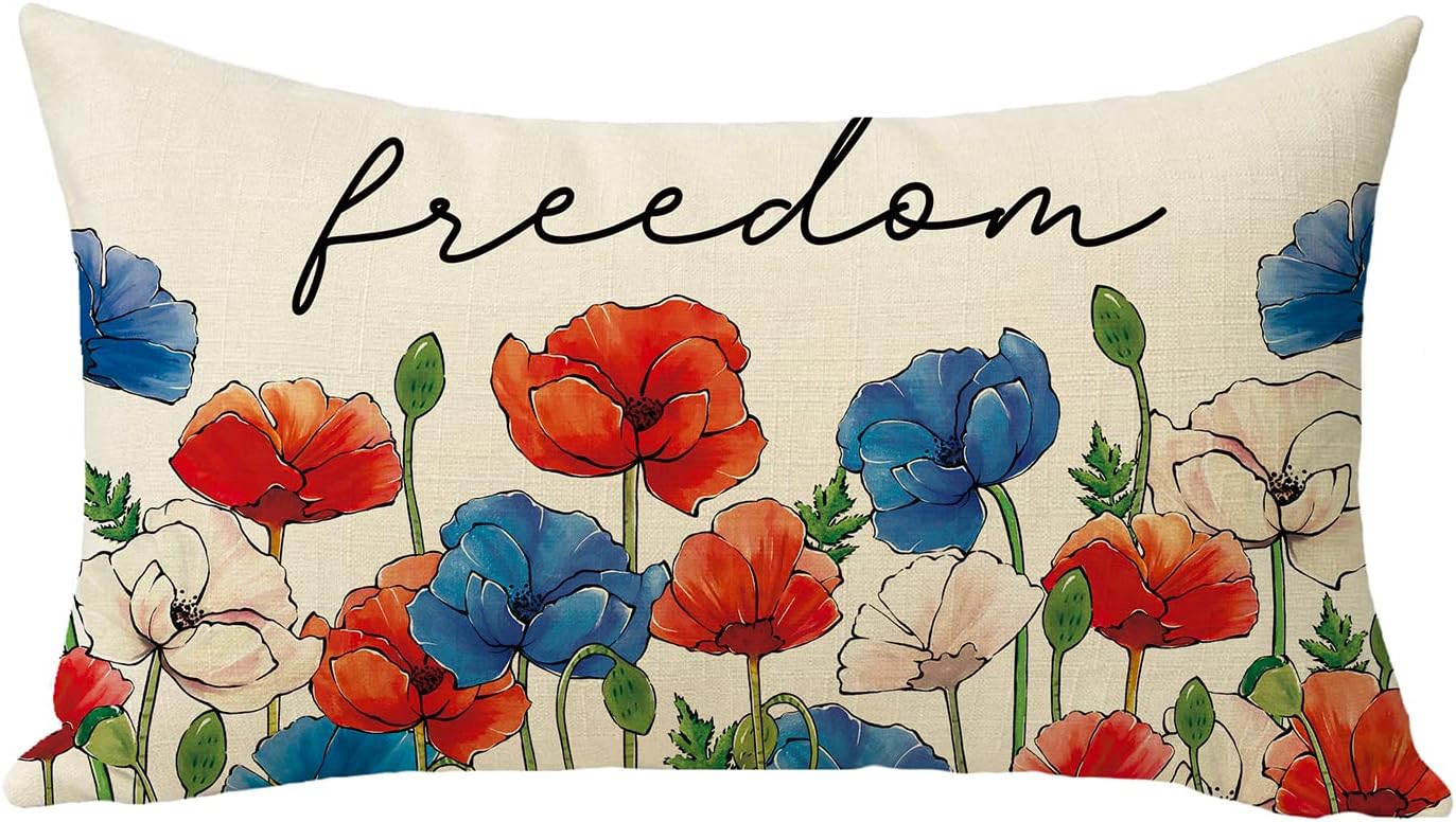 Fjfz 4th of July Freedom – Funda de almohada decorativa lumbar con flores patrióticas de 12 x 20 pulgadas, rectangular, diseño floral de anémona de