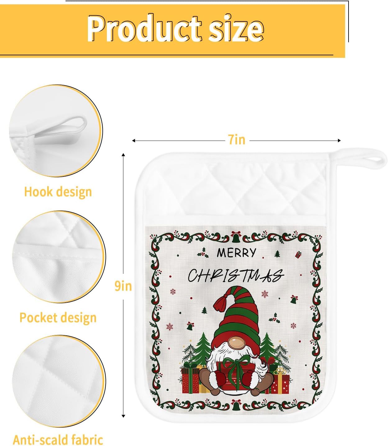 Christmas Gnomes 3Pcs Pot Holders for Kitchen,Non Slip & Heat Insulation Terry Cloth Potholder Set with Pocket,Thick Hot Pad Oven Mitts Trivet