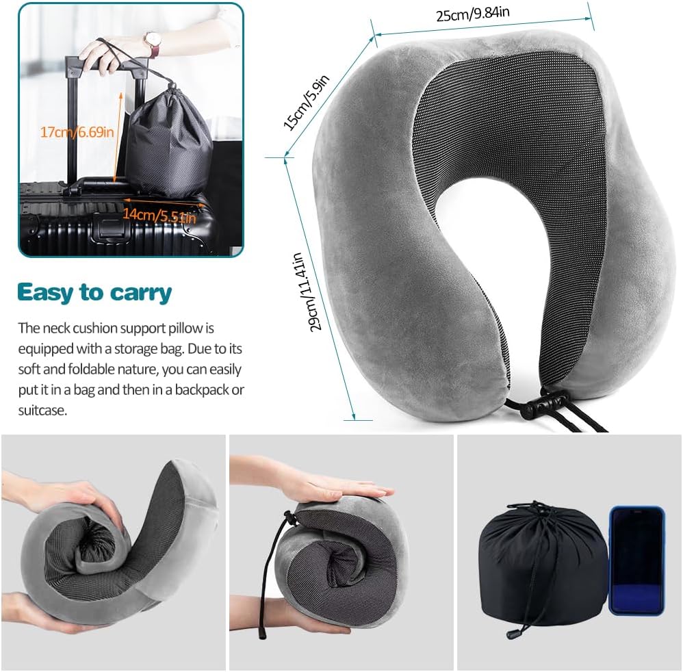 Almohada de cuello de viaje, almohada de espuma viscoelástica para el cuello para avión, almohada portátil de espuma de viaje de 360, con máscara de