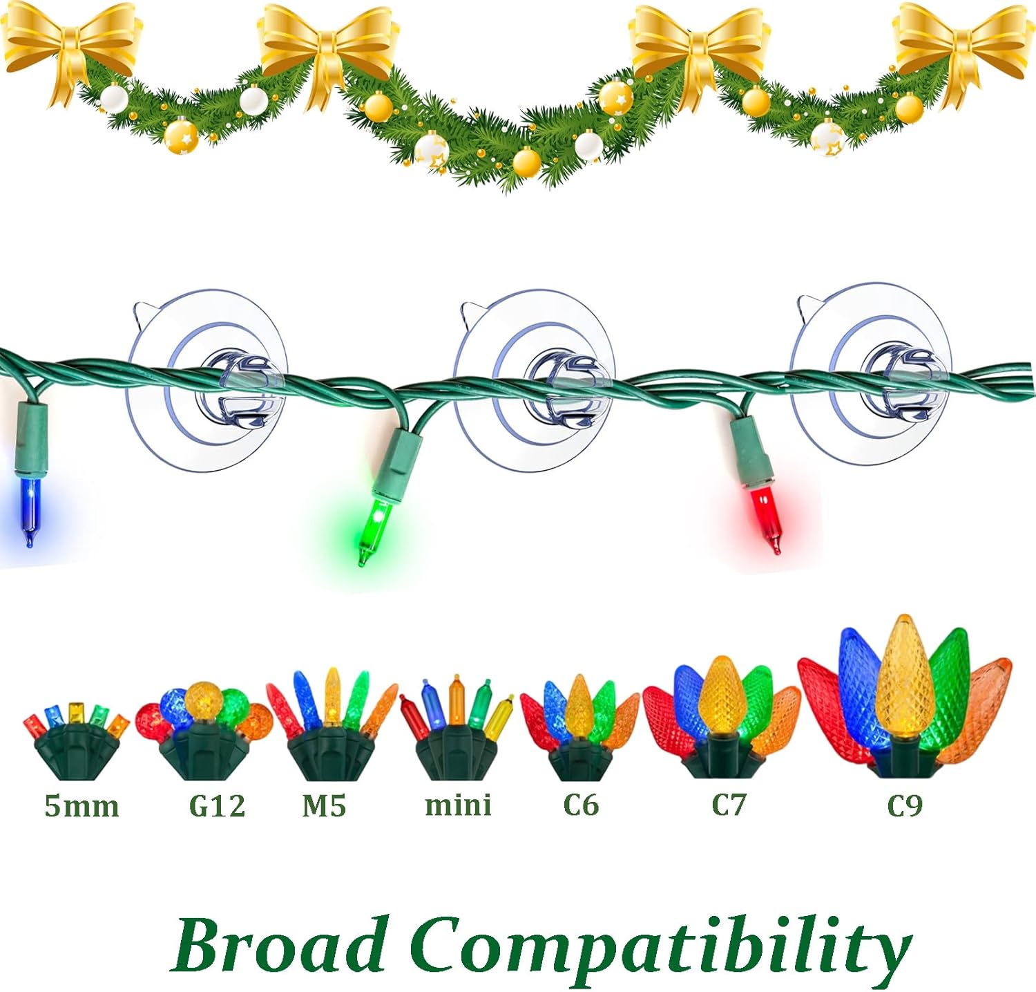 Profully 100 ventosas de cadena de luces de Navidad, mini soporte de ventosa de luz navideña, colgar luces de Navidad, ganchos para colgar tiras de
