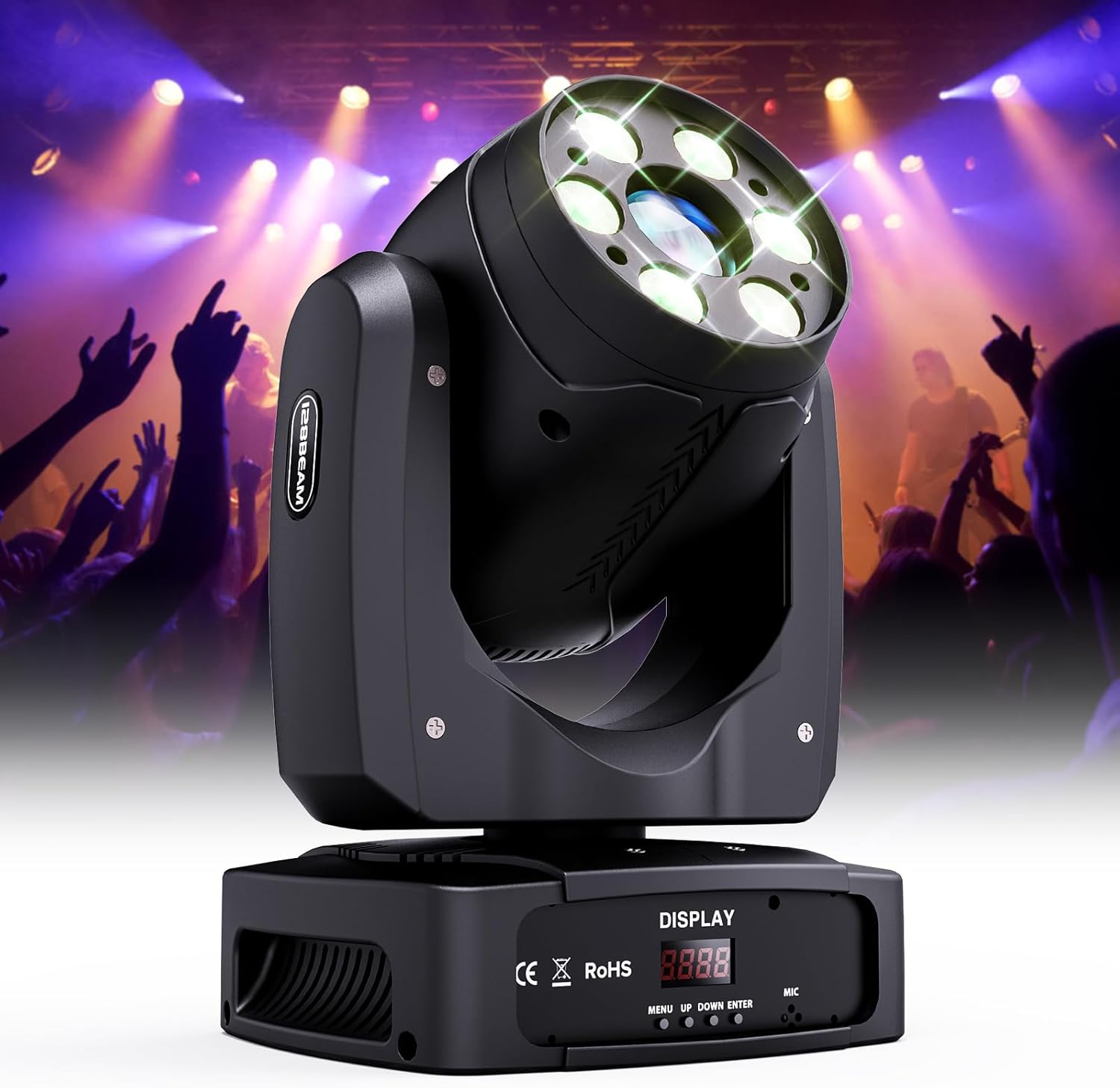 HOLDLAMP Luces de DJ de cabeza móvil, luz LED de cabeza móvil de 100 W con función de enfoque, 6 gobos giratorios (prisma de 3 facetas) e