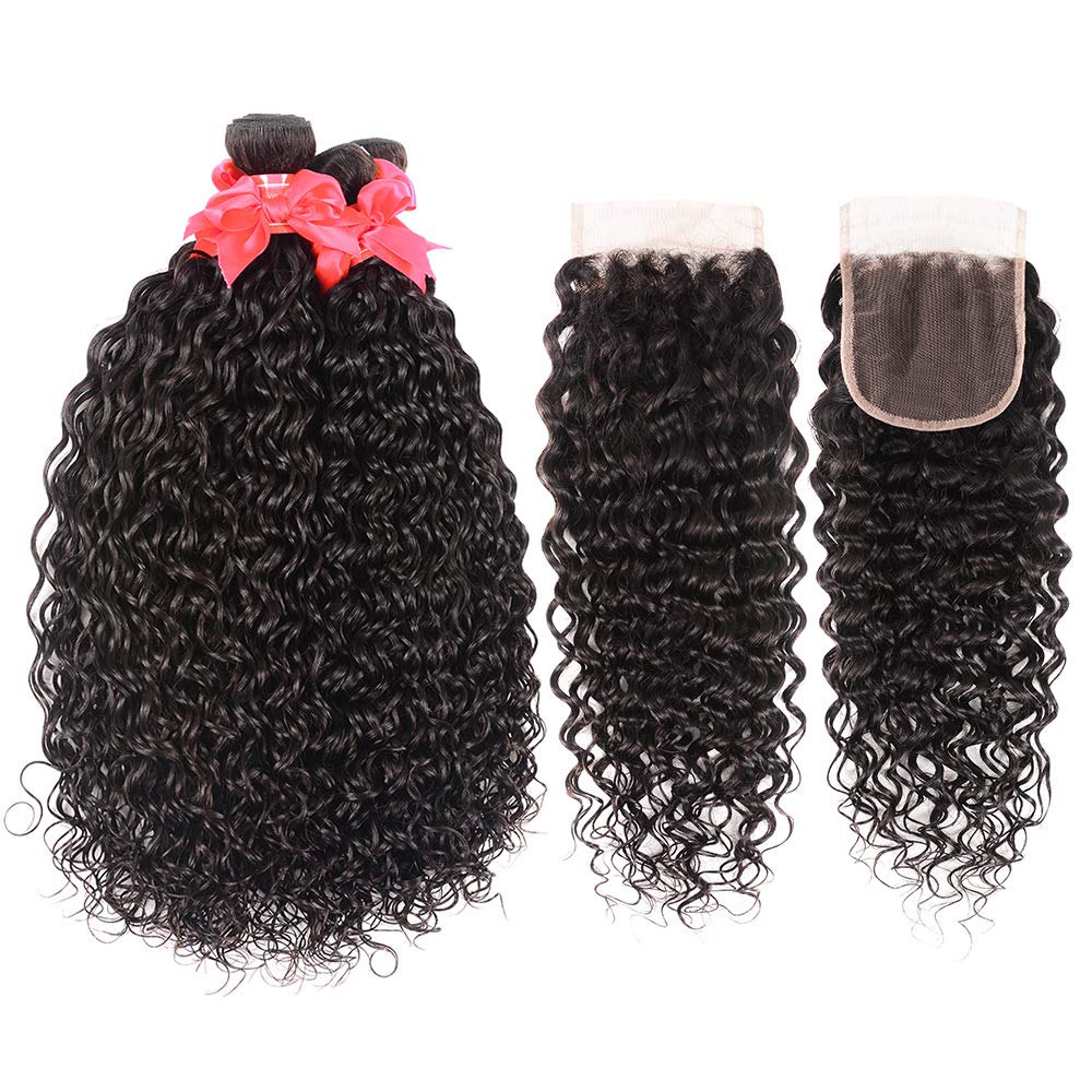 Miss GAGA – Cabello virgen peruano ondulado de grado 8A, 3 paquetes con cierre, pelo negro virgen natural no procesado, con cierre de encaje de 4 x