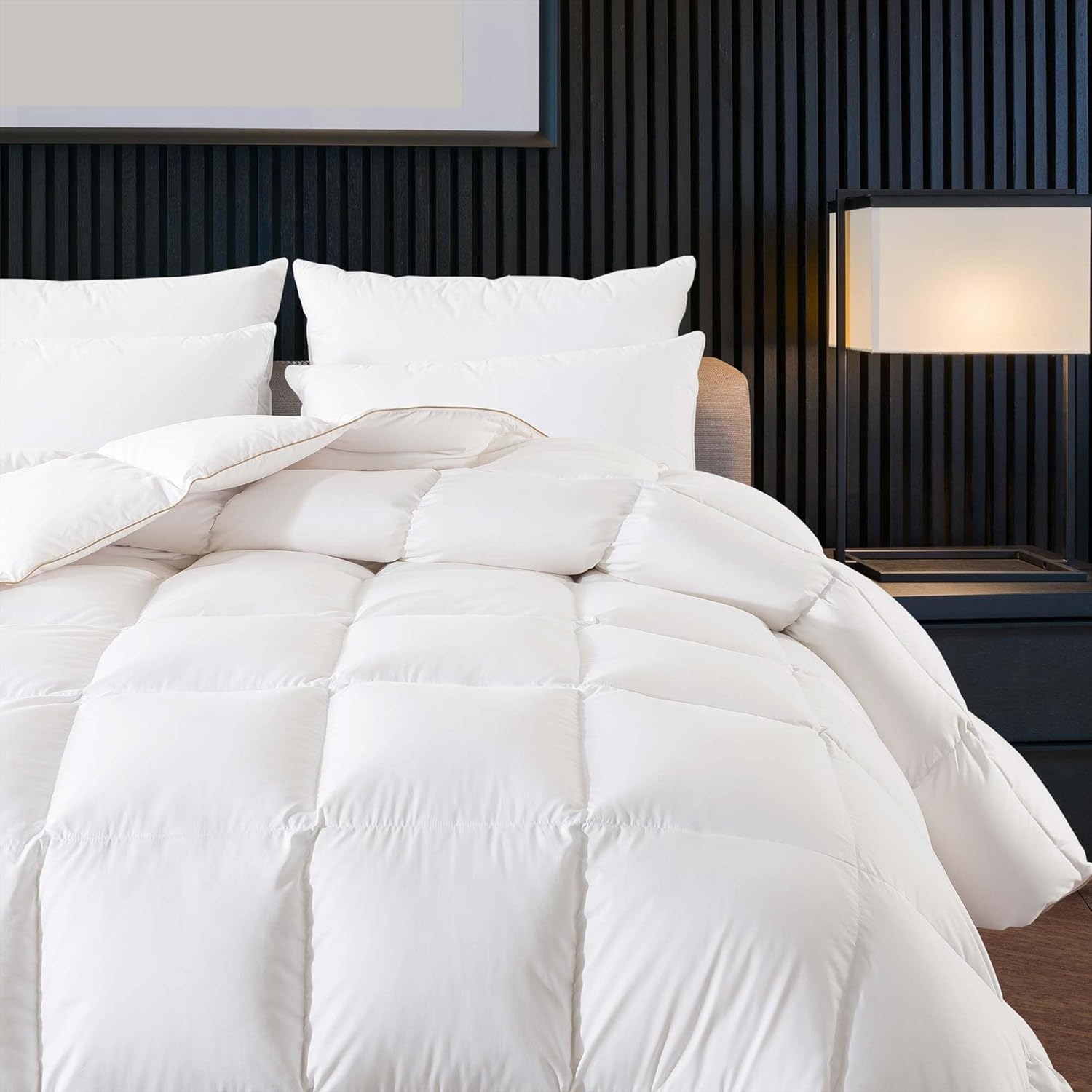 WhatsBedding Edredón de plumas de ganso blanco inflado, tamaño King, relleno de edredón de plumas para todas las estaciones, colección de hotel de