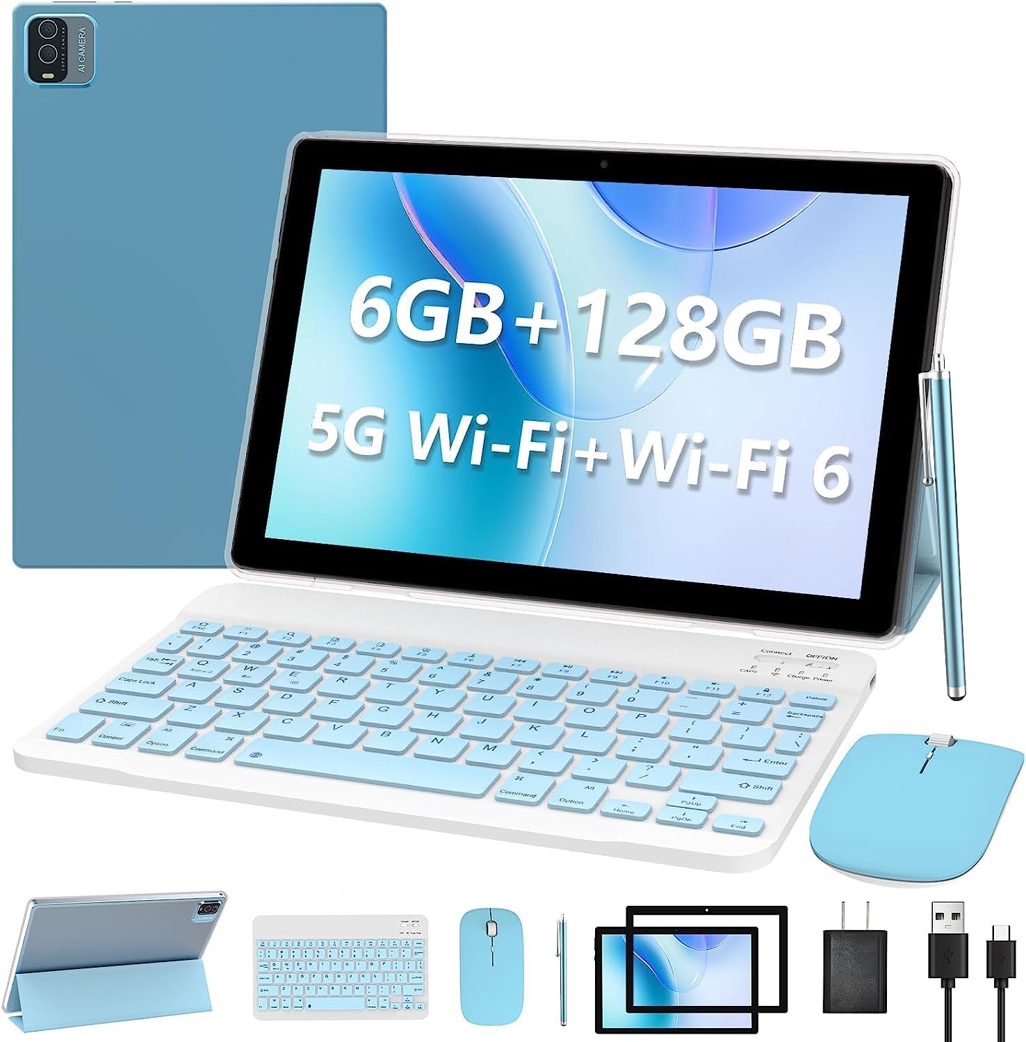Tablet 2 en 1 6GB+128GB Android 11 Tabletas, 10.1 pulgadas Tablet con teclado ratón caso Stylus, 2.4G5G WiFi 6, 1.8Ghz computadora Tablet PC,