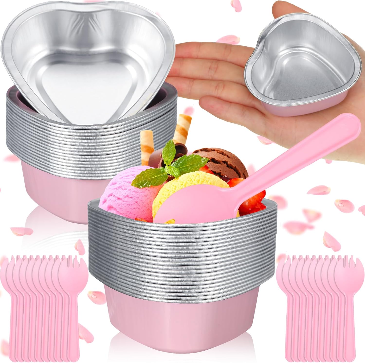 Mini molde para tartas de corazón para el día de San Valentín con tapas y cucharas de plástico para tartas de 1.86 onzas  1.9 fl oz, mini moldes de