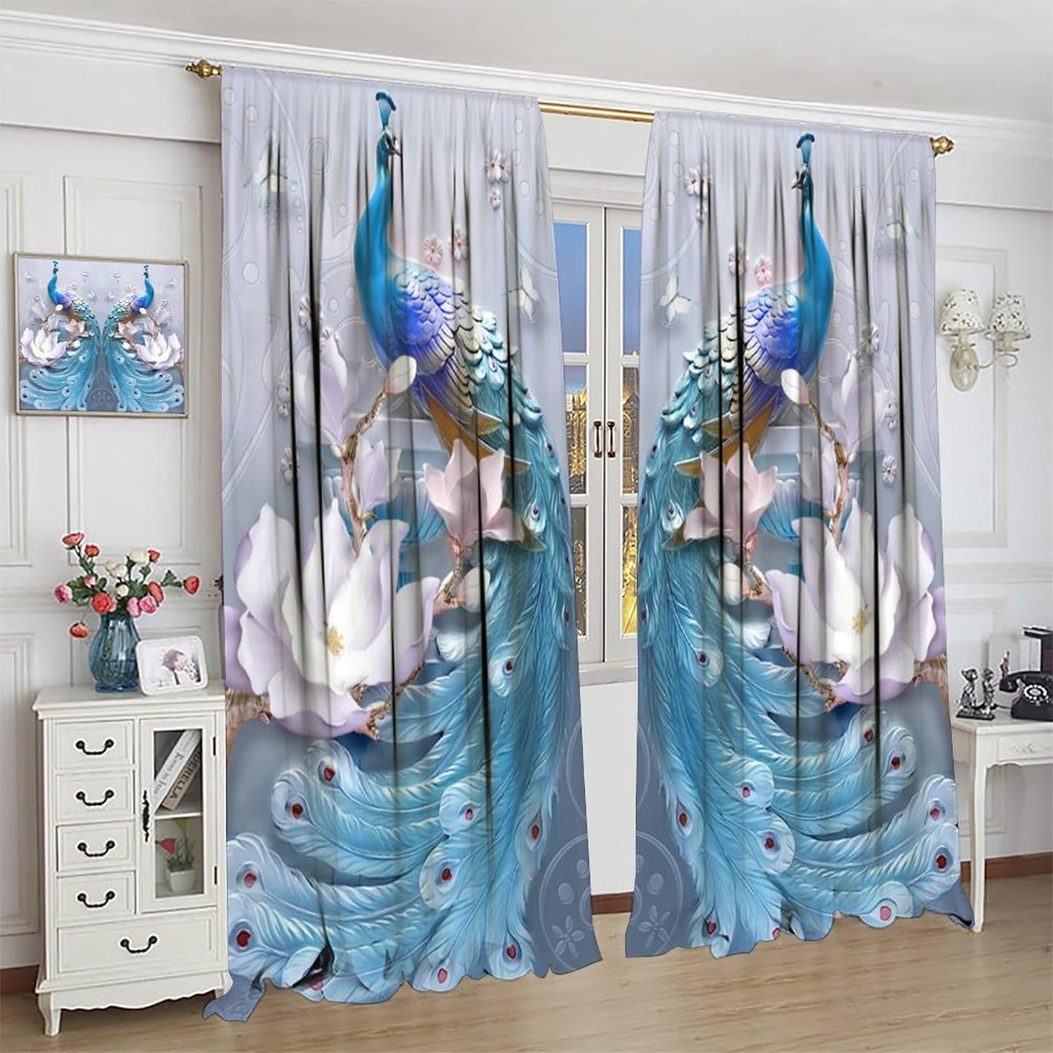 Cortinas de pavo real, flores blancas, hermosas y elegantes, estilo de pintura al óleo de pavo real azul, tela de poliéster, tratamientos de ventana